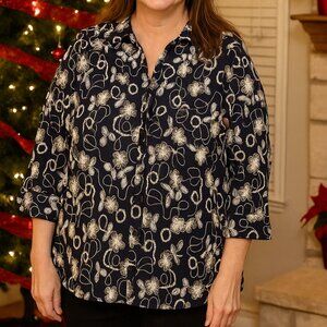 CJ Banks Button Down Top Women Plus 1X Black Floral Embroidered NWT Holiday Gift